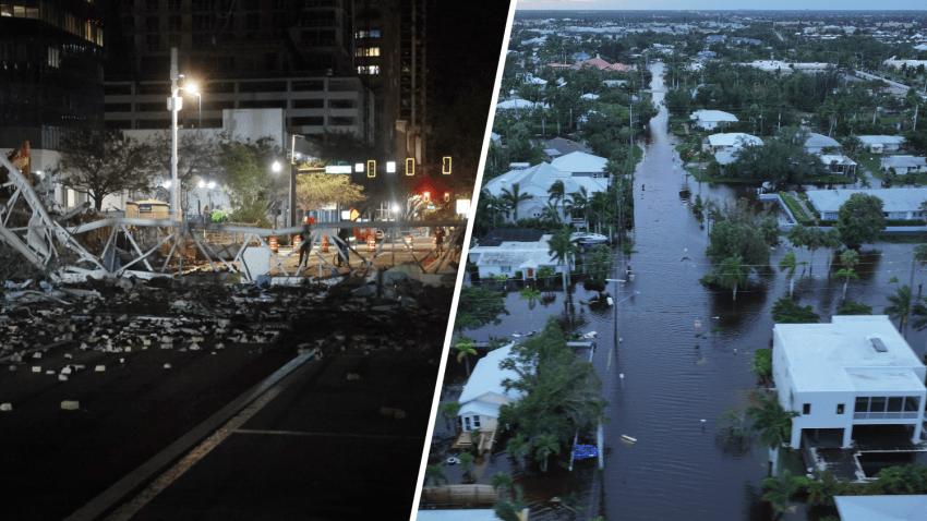 Hurricane Milton damages in St. Petersburg, left, and Punta Gorda, right.