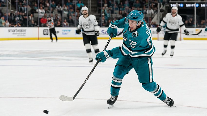 SAN JOSE, CA – OCTOBER 29: William Eklund #72 of the San Jose Sharks takes a shot on goal in the third period against the Los Angeles Kings at SAP Center on October 29, 2024 in San Jose, California. (Photo by Kavin Mistry/NHLI via Getty Images)