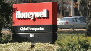 The Honeywell International sign sits outside of the company’s former global headquarters in Morristown, New Jersey.