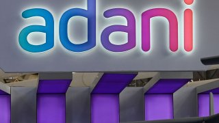 Signage of Adani Group at Adani Defence and Aerospace booth during the Aero India 2023 at Air Force Station Yelahanka in Bengaluru, India, on Monday, Feb. 13, 2023.