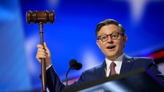 Speaker of the House Mike Johnson, R-La., holds the gavel onstage ahead of the start of the first day of the Republican National Convention at the Fiserv Forum in Milwaukee, Wisconsin, July 15, 2024.