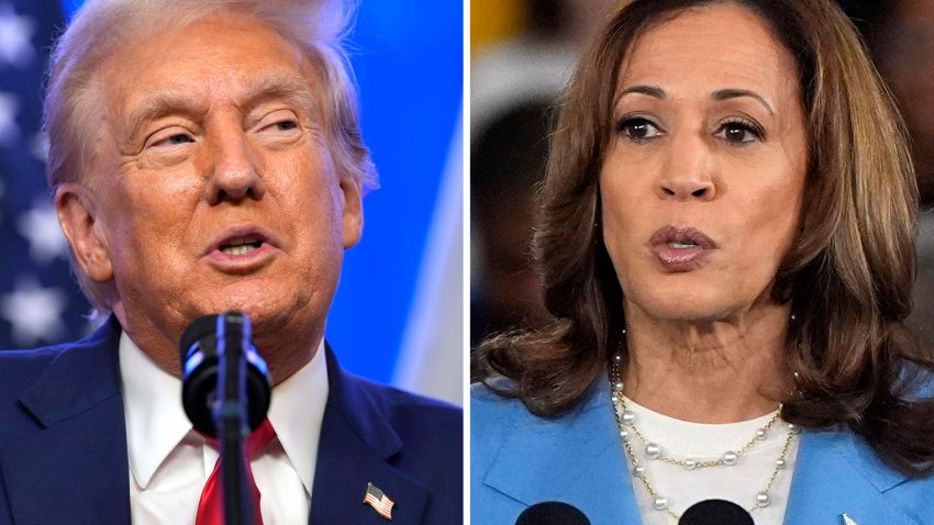 This combination photo shows Republican presidential nominee former President Donald Trump at an event, Aug. 15, 2024, in Bedminster, N.J., left, and Democratic presidential nominee Vice President Kamala Harris at a campaign event in Raleigh, N.C., Aug. 16, 2024.