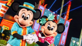 Mickey and Minnie Mouse pose during Jollywood Nights.