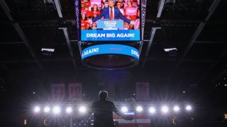 Republican presidential nominee and former U.S. President Donald Trump speaks at a campaign rally at Santander Arena in Reading, Pennsylvania, U.S., November 4, 2024. 