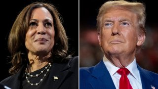 Democratic presidential nominee Vice President Kamala Harris, left, speaking at a campaign rally Erie, Pa., on Oct. 14, 2024, and Republican presidential nominee former President Donald Trump speaking a campaign rally in Uniondale, N.Y., on Sept. 18, 2024.