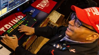 A trader wearing a Trump hat works on the floor of the New York Stock Exchange (NYSE) in New York, US, on Wednesday, Nov. 6, 2024.