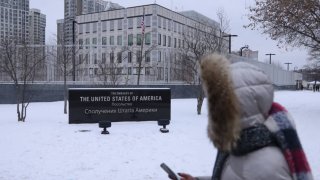 KYIV, UKRAINE – JANUARY 24: A view of the U.S. Embassy on January 24, 2022 in Kyiv, Ukraine. According to media reports the embassy has ordered family members of embassy staff to leave the country and has also urged U.S. citizens in Ukraine to leave as well. Russia has amassed tens of thousands of soldiers on tis border to Ukraine, causing international fears of a pending military invasion.  (Photo by Sean Gallup/Getty Images)