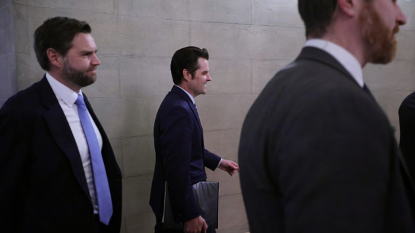 Vice President-elect, Sen. JD Vance (R-OH) (L) and former Congressman Matt Gaetz (R-FL) leave the U.S. Capitol after meeting with Republican members of the Senate Judiciary Committee on November 20, 2024 in Washington, DC.