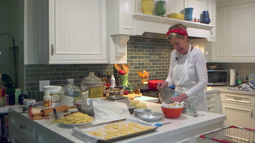 Katherine Green makes pie dough in her home kitchen in Sausalito. (Nov. 27, 2024)