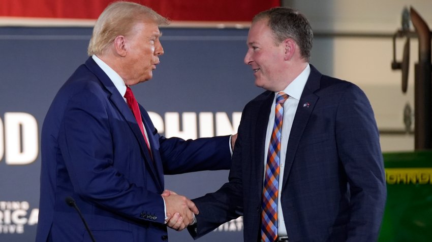 Republican presidential nominee former President Donald Trump greets Lee Zeldin as he arrives to speak at a campaign event at a farm, Monday, Sept. 23, 2024, in Smithton, Pa.