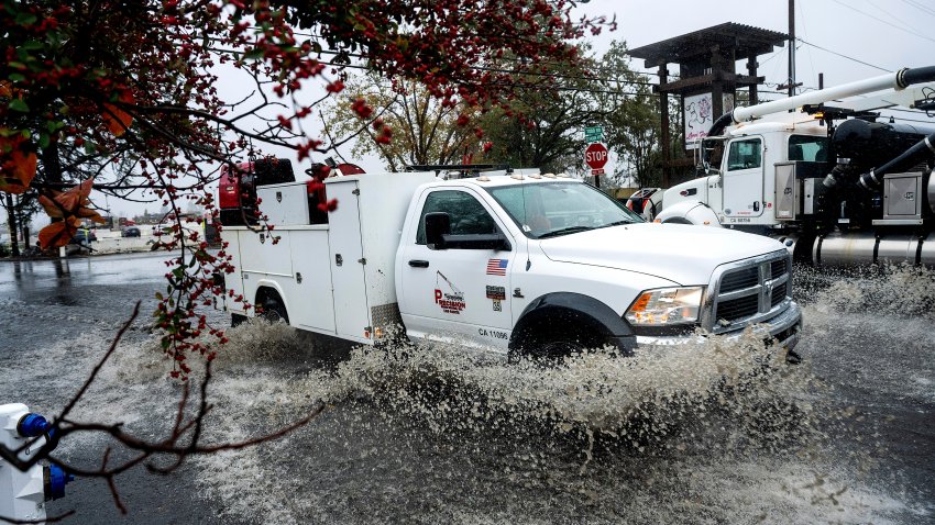 A truck crosses a flooded road in Santa Rosa.