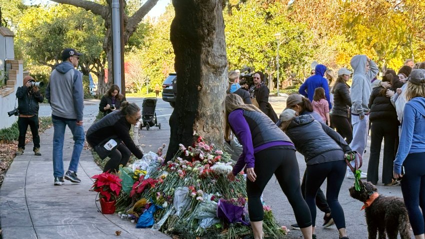 People place flowers at a memorial on Hampton Road between King and Sea View Avenues on Thanksgiving morning, Thursday, Nov. 28, 2024, in Piedmont, Calif., at the site of a vehicle crash that occurred about 3 a.m. on Wednesday, Nov. 27. Three 2023 graduates of Piedmont High School were killed when the Tesla Cybertruck they were driving in went over a curb, struck a tree and retaining wall, then caught fire. One of the vehicles occupants was extricated.  (Kat Rowlands/Bay City News)