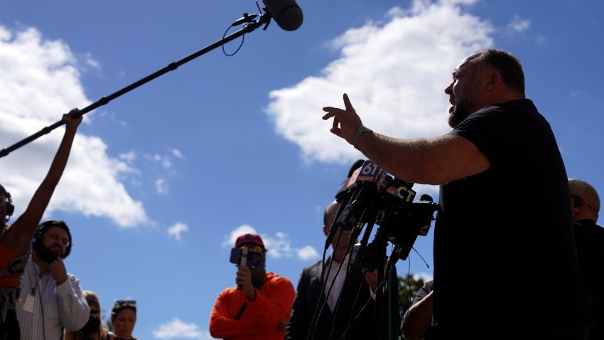 Alex Jones Speaks To The Media Outside The Sandy Hook Trial In Waterbury, Connecticut