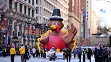 CHICAGO, UNITED STATES - NOVEMBER 23:Thanksgiving parade takes place in downtown Chicago on Thanksgiving morning, Thursday, November 23, 2023.The Chicago 2023 Thanksgiving Parade include classic marching bands, festive floats, live performances and Teddy the Turkey and other giant helium balloon. (Photo by Jacek Boczarski/Anadolu via Getty Images)