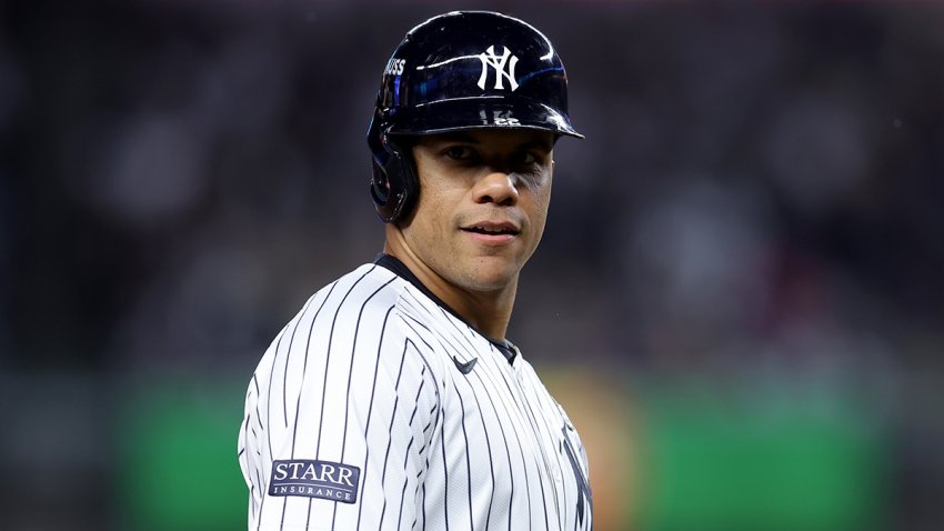 Oct 29, 2024; New York, New York, USA; New York Yankees outfielder Juan Soto (22) on third base during the first inning in game four of the 2024 MLB World Series against the Los Angeles Dodgers at Yankee Stadium. Mandatory Credit: Brad Penner-Imagn Images