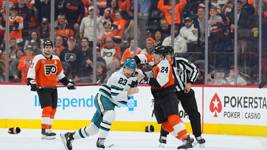 PHILADELPHIA, PENNSYLVANIA – NOVEMBER 11: Barclay Goodrow #23 of the San Jose Sharks fights Nick Seeler #24 of the Philadelphia Flyers in the second period at the Wells Fargo Center on November 11, 2024 in Philadelphia, Pennsylvania. (Photo by Mitchell Leff/Getty Images)