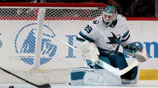 NEWARK, NEW JERSEY – NOVEMBER 10: Mackenzie Blackwood #29 of the San Jose Sharks stops a shot during the third period against the New Jersey Devils at Prudential Center on November 10, 2024 in Newark, New Jersey. The San Jose Sharks defeated the New Jersey Devils 1-0. (Photo by Elsa/Getty Images)