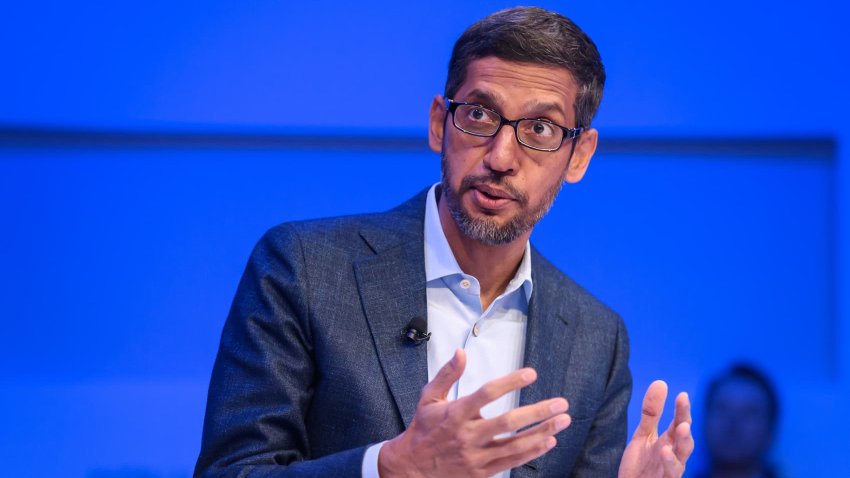 Alphabet CEO Sundar Pichai gestures during a session at the World Economic Forum (WEF) annual meeting in Davos, on January 22, 2020.