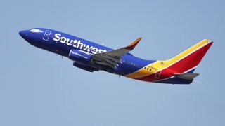 A Southwest Airlines plane takes off from Hollywood Burbank Airport in Burbank, California, July 25, 2024.