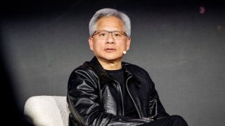 CEO of Nvidia, Jensen Huang, speaks during the launch of the supercomputer Gefion, where the new AI supercomputer has been established in collaboration with EIFO and Nvidia at Vilhelm Lauritzen Terminal in Kastrup, Denmark, on Oct. 23, 2024.