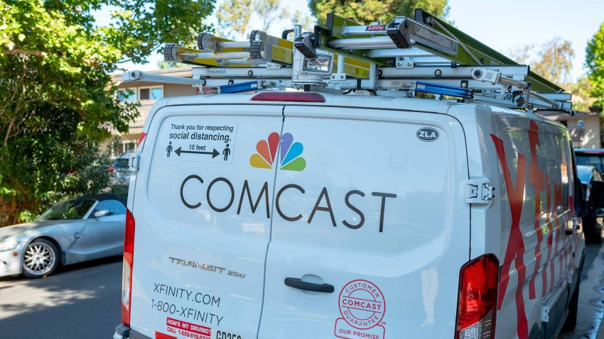 View from behind of Comcast truck parked on residential street in Lafayette, California, September 28, 2021. 