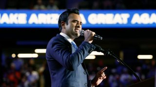 Vivek Ramaswamy speaks at a campaign rally for Republican presidential nominee, former U.S. President Donald Trump at Mullett Arena on October 24, 2024 in Tempe, Arizona.