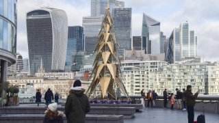 General view of the City of London skyline and a Christmas tree installation