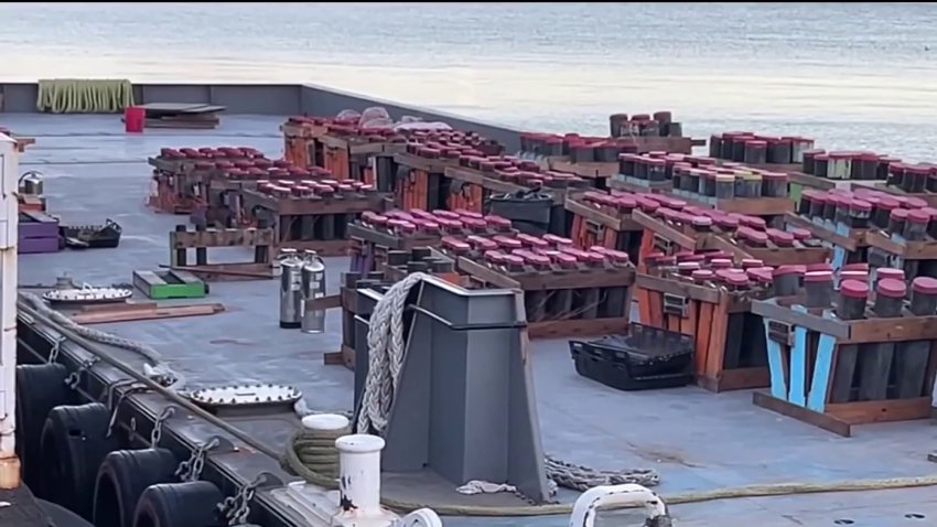 Fireworks prepared on San Francisco’s Embarcadero ahead of New Year’s Eve celebrations. (Dec. 31, 2024)