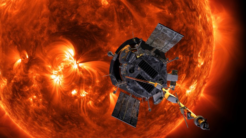 FILE – This image made available by NASA shows an artist’s rendering of the Parker Solar Probe approaching the Sun. It’s designed to take solar punishment like never before, thanks to its revolutionary heat shield that’s capable of withstanding 2,500 degrees Fahrenheit (1,370 degrees Celsius). (Steve Gribben/Johns Hopkins APL/NASA via AP, File)