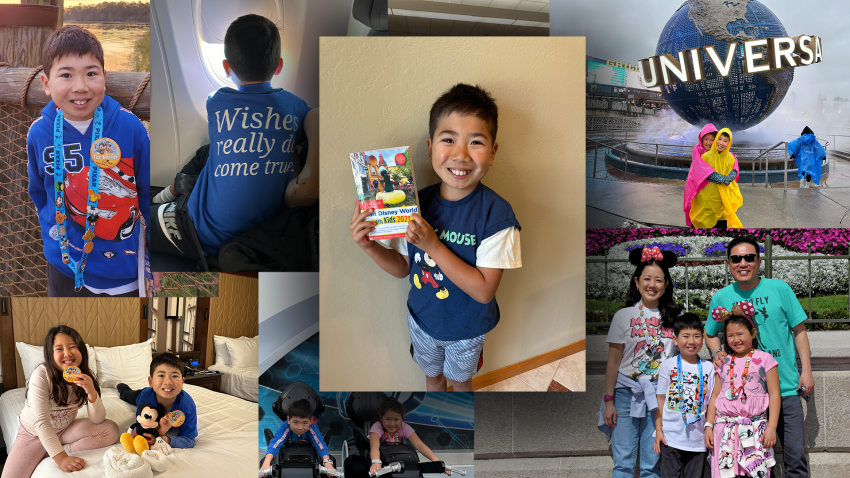 A collage of photos showing 10-year-old Edison Wu and his family going to Florida for a Make-A-Wish trip.