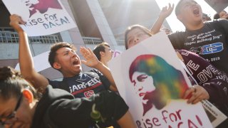 File - Students and supporters rally in support of DACA recipients on Nov. 12, 2019, in Los Angeles