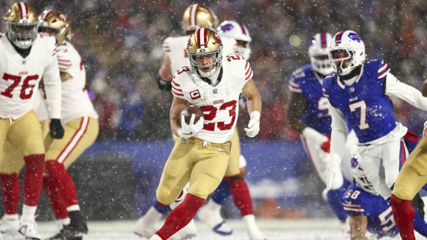 ORCHARD PARK, NEW YORK – DECEMBER 1: Christian McCaffrey #23 of the San Francisco 49ers carries the ball during the first half of an NFL football game against the Buffalo Bills at Highmark Stadium on December 1, 2024 in Orchard Park, New York. (Photo by Kevin Sabitus/Getty Images)