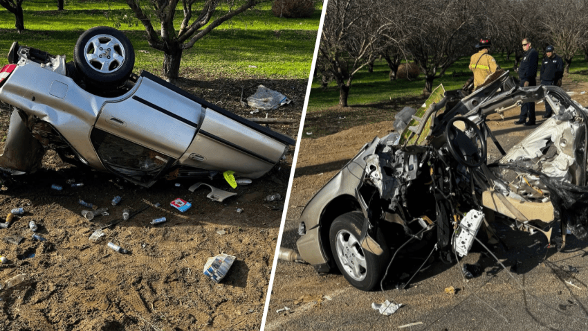 A stolen vehicle rests in two pieces,