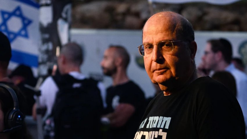 Former Israeli Defense Minister Moshe Yaalon at a rally against the Netanyahu government in Jerusalem in June