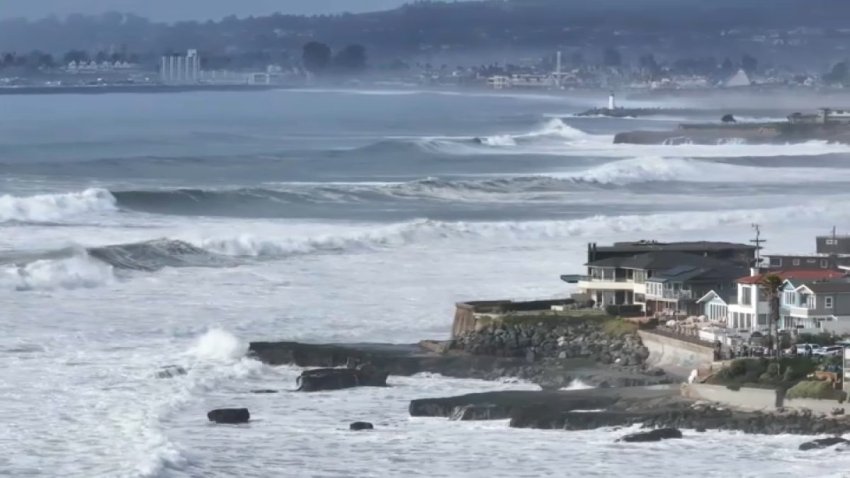 Waves pound the shores along Monetery Bay in Santa Cruz County. (Dec. 24, 2024)