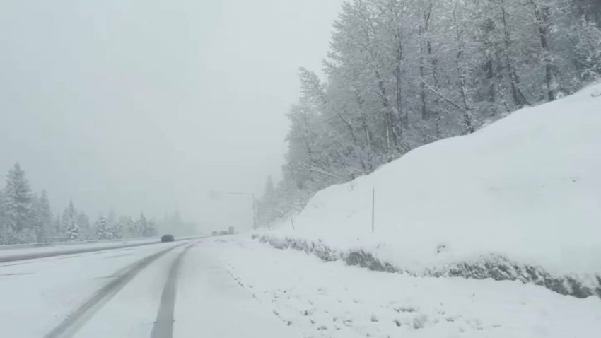 Snow-covered Interstate 80 in the Sierra Nevada. (Dec. 25, 2024)