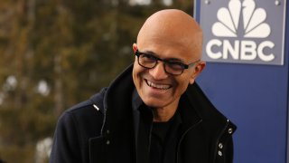 Satya Nadella, CEO of Microsoft, speaking on CNBC’s “Squawk Box” outside the World Economic Forum in Davos, Switzerland, on Jan. 22, 2025.