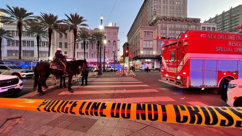 Police cordon off the intersection of Canal Street and Bourbon Street in the French Quarter of New Orleans, Louisiana, on January 1, 2025. At least 10 people were killed and 30 injured Wednesday when a vehicle plowed overnight into a New year's crowd in the heart of the thriving New Orleans tourist district, authorities in the southern US city said.