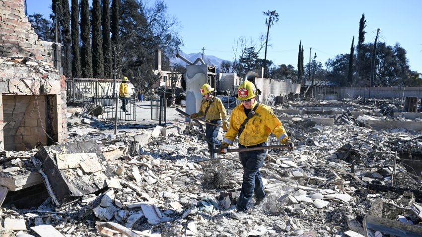 LOS ANGELES, CA – JANUARY 13: Cal Fire search and rescue team look through for possible human remains in ashes of burned houses after massive wildfire in Altadena of Los Angeles County, California, United States on January 13, 2025. (Photo by Tayfun Coskun/Anadolu via Getty Images)