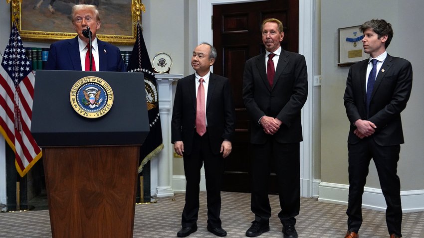 President Donald Trump, from left, speaks as Masayoshi Son, SoftBank Group CEO, Larry Ellison, chairman of Oracle Corporation and chief technology officer, and Sam Altman, OpenAI CEO listen in the Roosevelt Room at the White House, Tuesday, Jan. 21, 2025, in Washington.