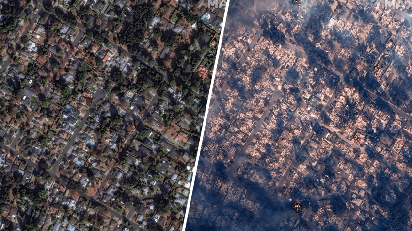 Before-after satellite images show the Eaton Fire zone in Altadena.