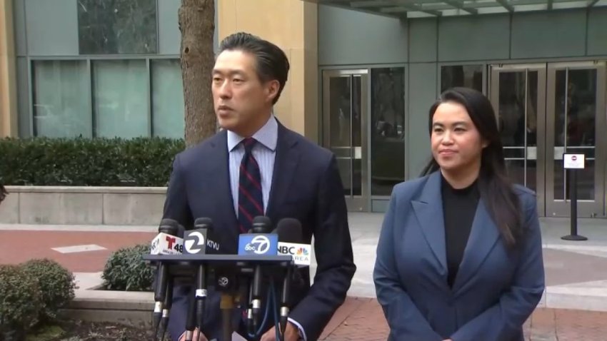 Former Oakland Mayor Sheng Thao with her attorney outside the courthouse in Oakland. (Jan. 17, 2025)