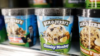 Pints of Ben & Jerry’s ice cream are seen on a shelf at Ideal Fresh Market of Church Ave on March 19, 2024 in the Flatbush neighborhood of Brooklyn borough in New York City. 