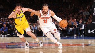 Jalen Brunson, #11 of the New York Knicks, drives to the basket during the game against the Indiana Pacers in Round 2, Game 1 of the 2024 NBA Playoffs at Madison Square Garden in New York City on May 6, 2024.