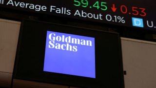 The logo for Goldman Sachs is seen on the trading floor at the New York Stock Exchange (NYSE) in New York City, New York.
