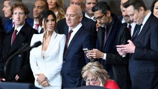 CEO of Meta and Facebook Mark Zuckerberg, Lauren Sanchez, Amazon founder Jeff Bezos, Google CEO Sundar Pichai and Tesla and SpaceX CEO Elon Musk attend the inauguration ceremony before Donald Trump is sworn in as the 47th US President in the US Capitol Rotunda in Washington, DC, on Jan. 20, 2025.