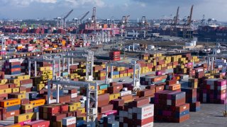 Shipping containers from China at the China Shipping (North America) Holding Company Ltd. facility at the Port of Los Angeles in Wilmington, California, Feb. 4, 2025.