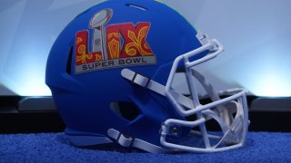 A Super Bowl LIX helmet on radio row at the Super Bowl LIX media center at the Ernest N. Morial Convention Center.