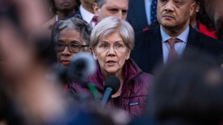 U.S. Sen. Elizabeth Warren (D-MA) speaks to a crowd gathered in front of the U.S. Treasury Department in protest of Elon Musk and the Department of Government Efficiency on Feb. 4, 2025 in Washington, DC.
