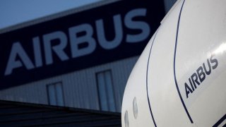 The logo of Airbus is pictured outside the Airbus facility in Saint-Nazaire, France, November 7, 2023. 